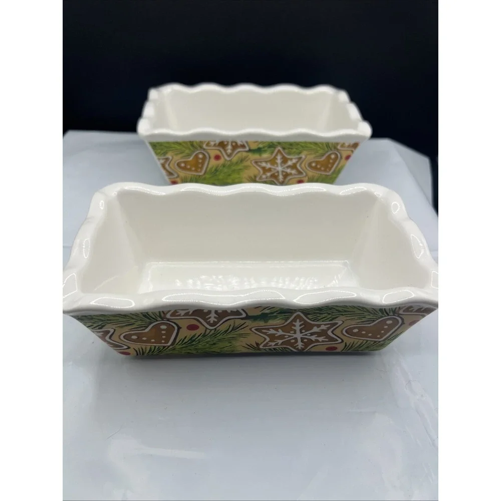 Vintage Old Time Pottery Christmas Gingerbread Mini Loaf Pan Baking Dishes Pair
